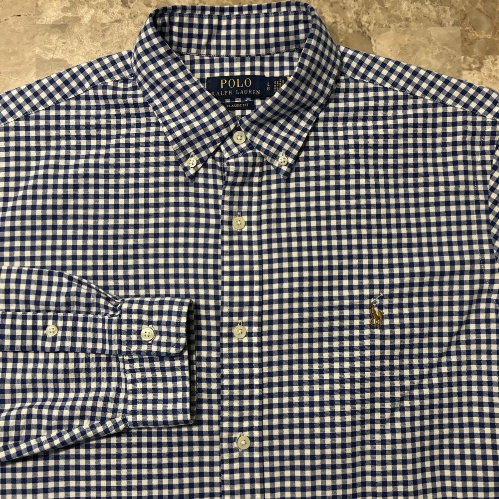 Polo Ralph Lauren Shirt Mens Large Classic Fit Blue Gingham Oxford Office OCBD